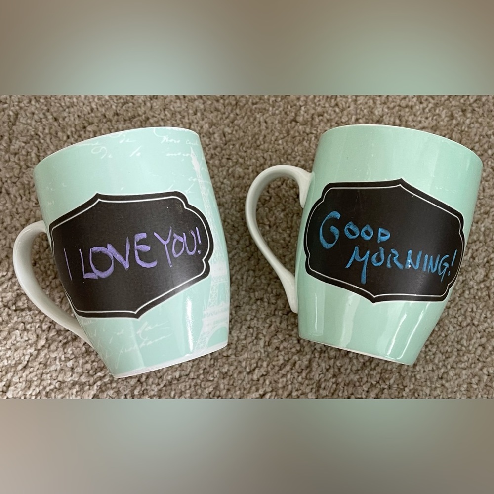 VGC Lot of 2 Crofton Chalkboard Mugs Mint Green Paris Theme Coffee Tea Cocoa